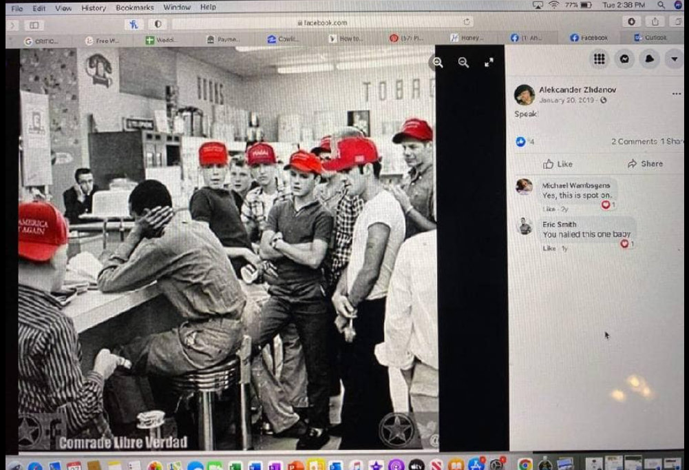 This doctored photo was turned into an anti-MAGA meme by an unknown party, then passed along by Zhdanov on January 20, 2019 with the comment, "Speak."